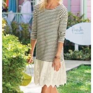 SOFT SURROUNDINGS Left Bank Drop Waist Dress Striped Lace-Hem White Navy Size LP